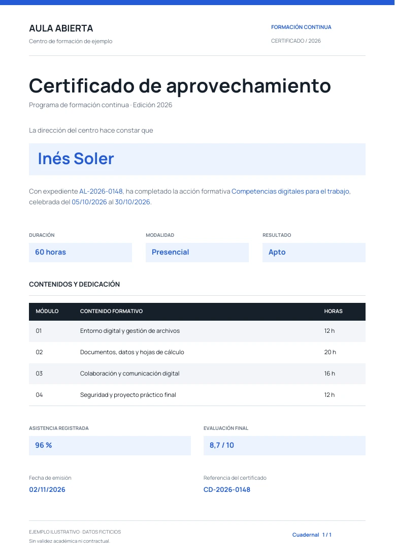 Certificado de ejemplo personalizado para Inés Soler