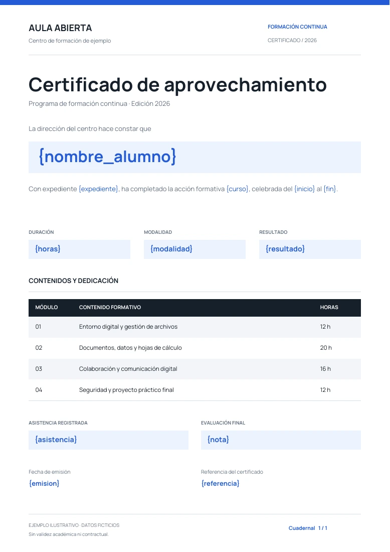 Tu plantilla original, con datos ficticios